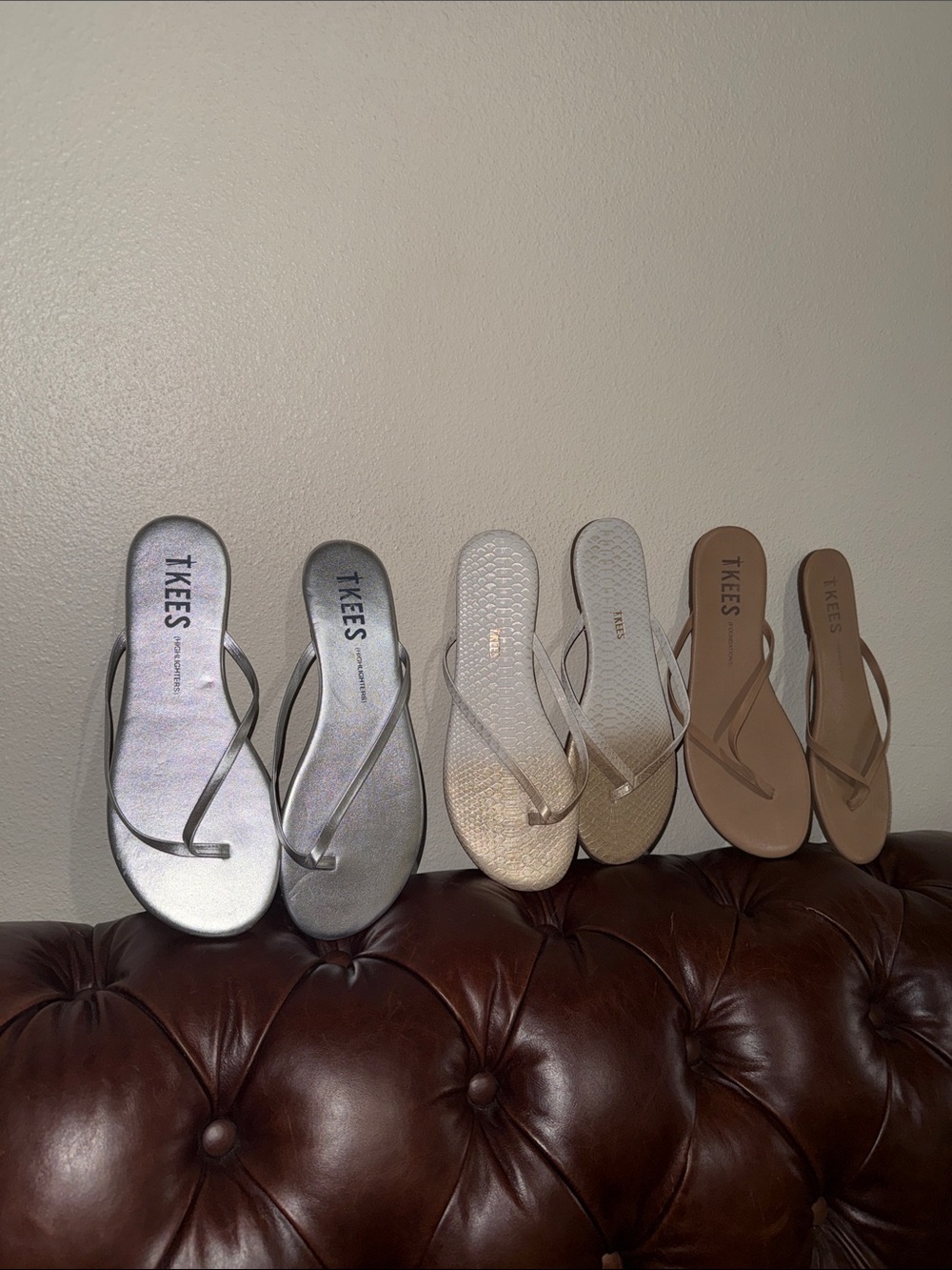TKEES Metallic Silver, Ivory and Tan Flip Flop Trio